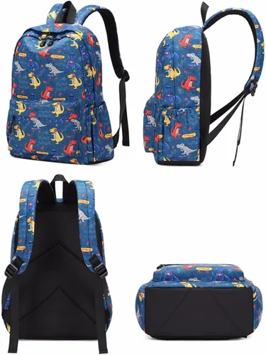 Vista 4 de Linda mochila de dinosaurio para niños, niñas preescolares con lonchera para jardín de infantes y escuela, juego de mochila para niños de 3 a 9