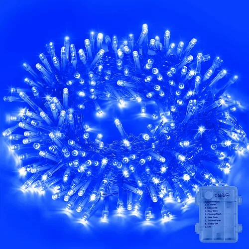 Vista 23 de LAMPHOME Luces de Navidad multicolor que funcionan con pilas, 34.1 pies, 100 luces LED impermeables de cadena para árbol de Navidad con 8 modos