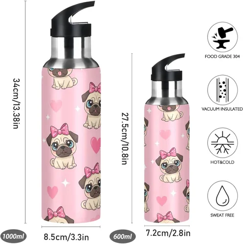 Vista 2 de BPA-Free Sport Water Bottle Insulated 20 Oz, Stainless Steel Water Bottle for Gym Outdoor Travel School, Cute Cartoon Pugs Eyes
