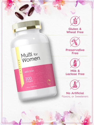 Vista 4 de Carlyle Multivitamínico para mujeres con hierro 200 cápsulas blandas Vitaminas esenciales, minerales y omegas Suplemento de apoyo nutricional