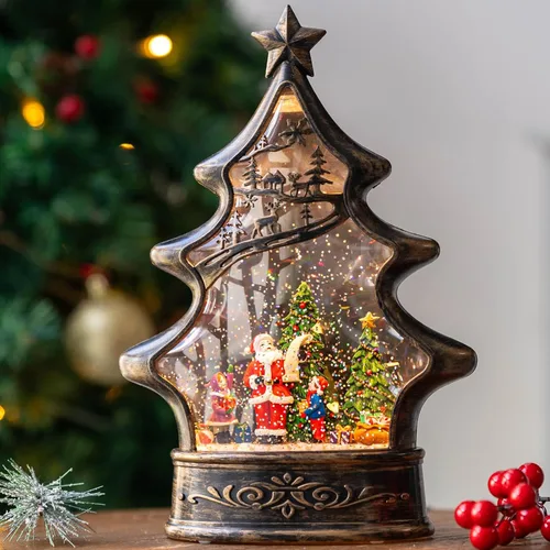 Vista 24 de Globo de nieve de Navidad con agua brillante de muñeco de nieve con música y temporizador, linterna iluminada con pilas para regalos de decoración