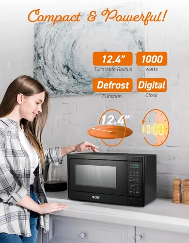 Vista 4 de Microondas Commercial Chef 1.3 pies cúbicos con 10 niveles de potencia, microondas con cerradura de botón de presión, microondas de 1000W para Negro