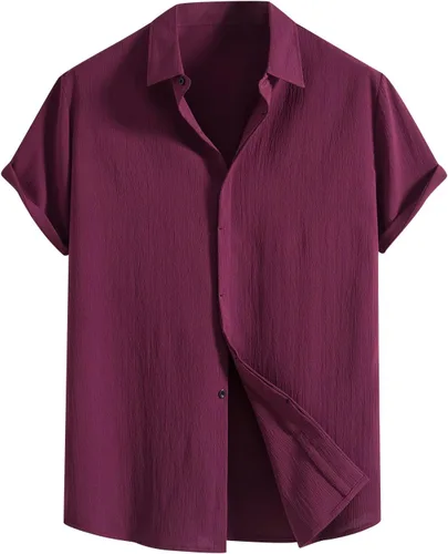 Vista 7 de Camisas de manga corta con botones de algodón y lino para hombre, estilo cubano, campamento, guayabera, playeras ligeras para verano