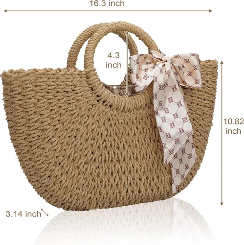 Vista 2 de Chling Bolso de hombro de paja, bolso cruzado de paja, bolso de mano de paja, bolso de hombro de paja, bolso casual de paja para la playa, bolso