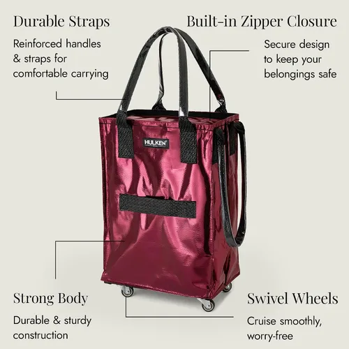 Vista 8 de HULKEN (Pequeño, Rojo Cósmico) Bolsa de comestibles reutilizable sobre ruedas, carrito de compras, bolsa con ruedas, cierre de cremallera, ligera