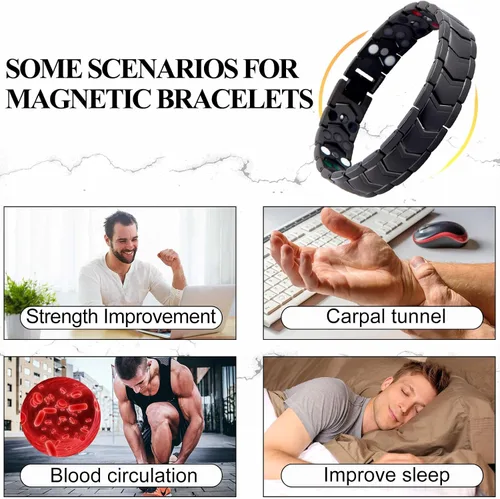 Vista 7 de KYOSI Pulsera magnética para hombres de tres filas de energía de acero inoxidable negro pulsera imán enlace joyería para hombre