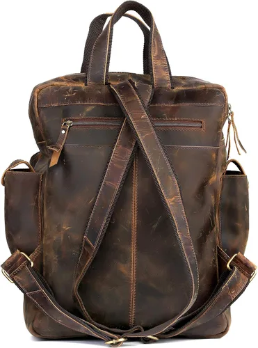 Vista 4 de Mochila vintage de cuero de búfalo con múltiples bolsillos para hombres y mujeres