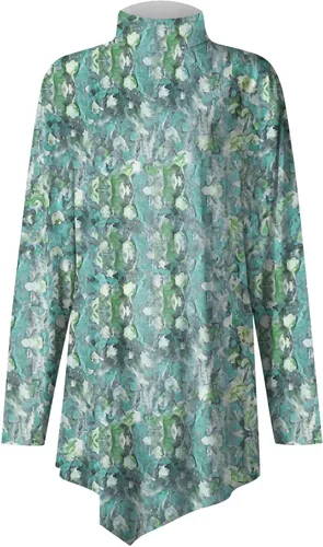 Vista 4 de Camisetas de manga larga para mujer, estilo casual, cuello alto, dobladillo irregular, holgadas, con estampado floral