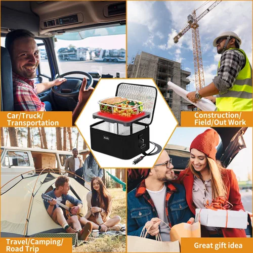 Vista 8 de Aotto Lonchera eléctrica portátil con calentador de alimentos para horno - 12V/24V 2-en-1 calentador de alimentos para coche, lonchera térmica