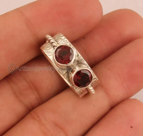 Vista 2 de 925 Sterling Silver Ring, Handmade Spinner Ring, Two Ton Rings, Narrow Spinner Ring, Minimalist Ring Silver, Natural Garnet Ring, Boho Ring Women