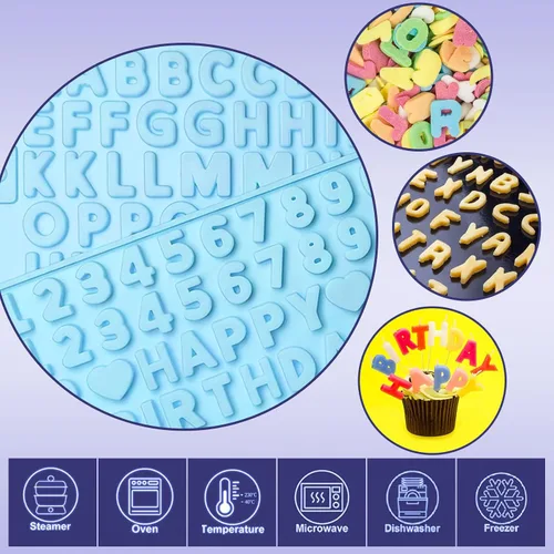 Vista 4 de 2 moldes de chocolate con números y moldes de silicona de letras, con 2 cuentagotas, decoraciones de letras para tartas, moldes de silicona