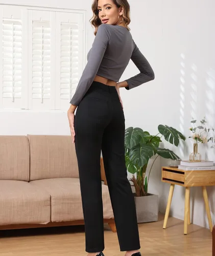 Vista 2 de Agenlulu Pantalones de vestir para mujer, elásticos, pantalones de trabajo, casuales, pierna recta, cintura alta, tela resistente a las arrugas