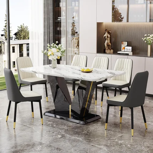 Vista 14 de Juego de mesa de comedor de 5 piezas, juego de mesa de comedor moderno de mármol de 63 pulgadas para 4, juego de mesa de cocina blanca para 4, juego
