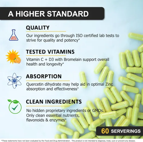 Vista 4 de Quercetina de Zinc 500mg con Vitamina C Vitamina D3 Bromelina Apoyo Inmunológico Quercetina de Alta Potencia Zinc Suplemento ZQV de SPARTIS