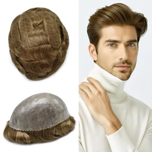 Vista 9 de Toupee for Men Hair Piece Real Human Hair Full Poly Skin Mens Toupee Mens Hair System Injected PU Hair System Invisible Hairpiece for