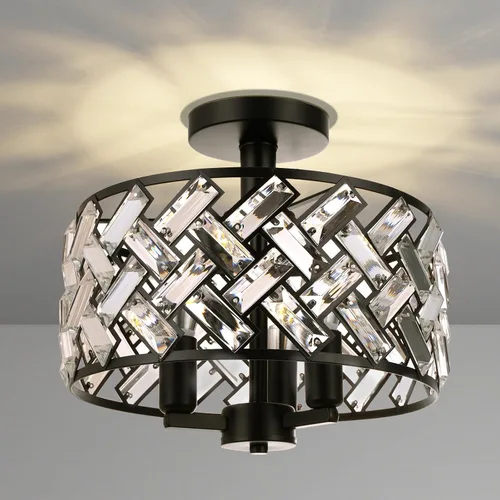 Vista 12 de FRIDEKO HOME Paquete de 2 Luces de Techo Semi Empotradas - Pequeña Lámpara de Araña de Cristal para Pasillo con Jaula de Metal Negro, Accesorio