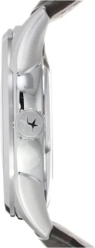 Vista 2 de Hamilton Jazzmaster Reloj automático suizo de corazón abierto de 1.654in, esfera plateada, correa de cuero marrón (modelo H32705551), Plateado