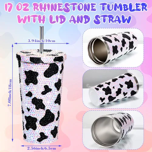 Vista 2 de Yaomiao Botella de agua con estampado de vaca, vaso de diamantes de imitación para mujer, botella de agua de vaca con purpurina de 17 onzas