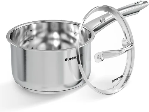 Vista 12 de SUNHOUSE - Sartén de acero inoxidable de 1.5 cuartos de galón con tapa, olla pequeña para cocinar PFOA-Free Uncoated Milk Pan & Butter Warmer