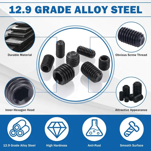 Vista 4 de AXK 200 tornillos de acero de aleación de óxido negro, puntas planas, sujetadores hexagonales M3-M8 sin cabeza para torno y accesorios pesados