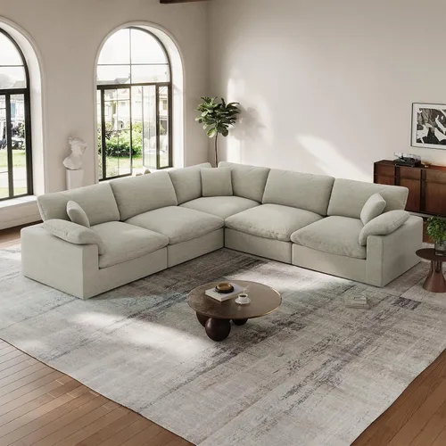 Vista 26 de Sofá modular Cloud para sala de estar, sofás de mezcla de lino en forma de L, modernos sofás de nube de asiento profundo, sofás seccionales Beige