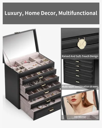 Vista 4 de Vlando Joyero grande de 6 niveles para mujer, organizador de joyas grande con espejo, organizador de joyas para cajón, collar, anillo, pulsera