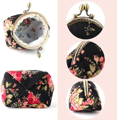 Vista 2 de Oyachic Monedero estampado vintage con hebilla de embrague, monedero con cierre de beso, monedero con cierre floral, carteras para mujer