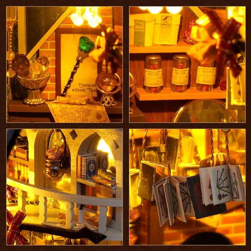 Vista 5 de Kit de casa en miniatura de bricolaje, kit de rincón de libro de estilo europeo, diseño de espejo ilusión, kit de casa de muñecas en miniatura