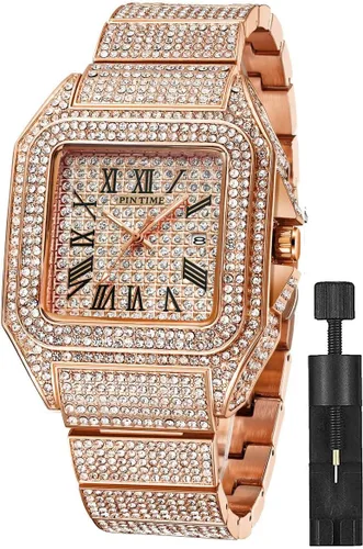 Vista 7 de Gosasa Reloj de Moda Hip Hop para Hombre, con Detalles de Cristal, Reloj Bling Bling, Caja Rectangular, Correa de Pulsera de Acero Inoxidable, Reloj