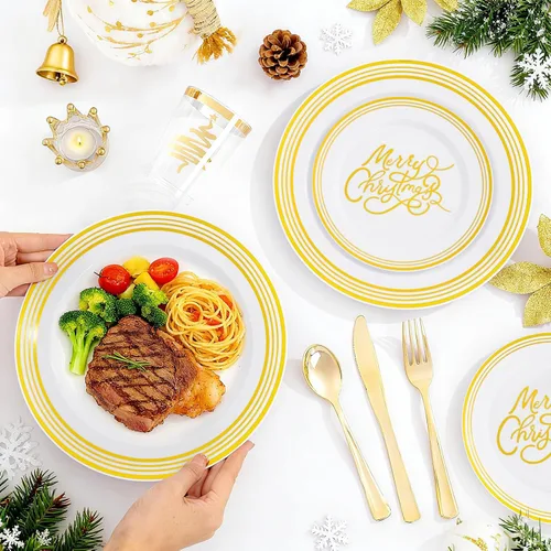 Vista 6 de LIYH 150Pcs Christmas Disposable Plastic Dinnerware Set, White Plates with Gold Line Printed, MERRY CHRISTMAS Pattern, Golden Cutlery, 9oz