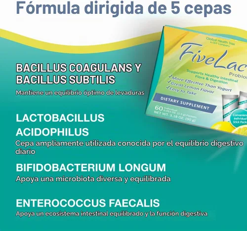 Vista 5 de Global Health Trax GHT - Mezcla de bebida en polvo probiótica de limón FiveLac, probióticos para mujeres, hombres y niños, apoyo y eliminación