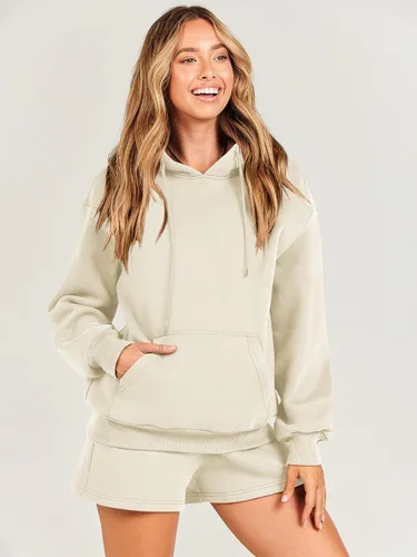 Vista 2 de ANRABESS Conjunto de 2 piezas para mujer, sudadera corta con cordón y capucha de gran tamaño, conjunto a juego