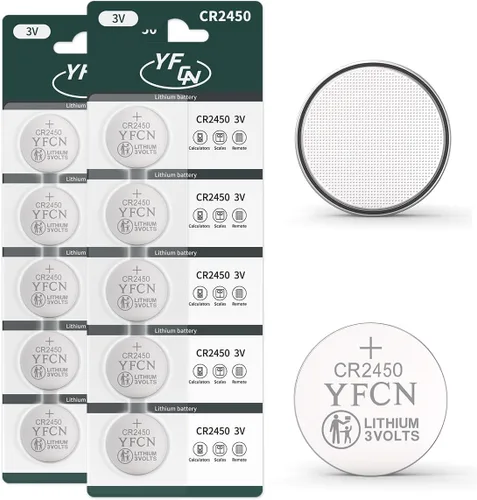 Vista 10 de YFCN Batería CR2450 de litio de 3 V, paquete de 5 baterías CR2450 – 10 años de vida útil – CR 2450 pilas de moneda para llavero, control remoto