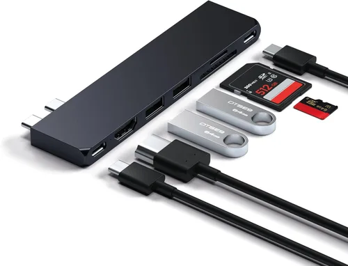 Vista 2 de Satechi Adaptador multipuerto USB C 7 en 1 Pro Slim, USB C Dongle, carga de 100 W, HDMI 4K, USB 4, USB 3.2 Gen 2, lector de tarjetas SD/Micro