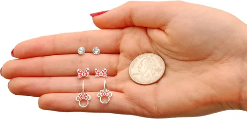 Vista 6 de Disney Minnie and Mickey Mouse Silver Plated Crystal Stud Earring Set 3 Pairs - Officially Licensed