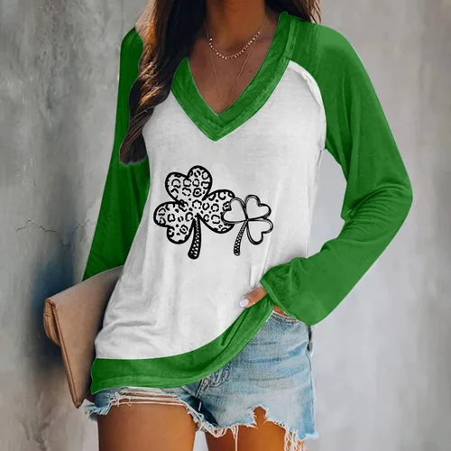 Vista 2 de Trajes del día de San Patricio para mujer, manga larga, cuello en V, camisas de festival, blusas, trébol, color verde