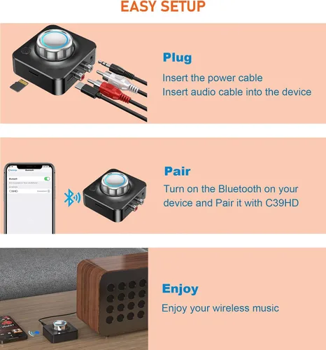 Vista 8 de KAIY Receptor Bluetooth para el hogar estéreo Bluetooth a RCA adaptador Bluetooth Audio Receiver with 3D Surround, AUX Audio Adapter for Old