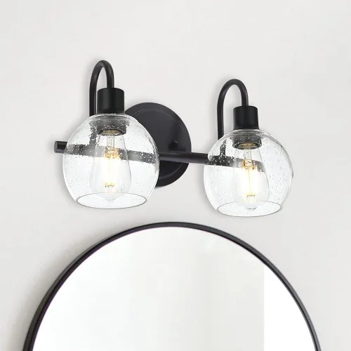 Vista 11 de Luz de tocador de baño con vidrio esmerilado en forma de globo de 2 luces, aplique de pared industrial negro para vestíbulo o pasillo