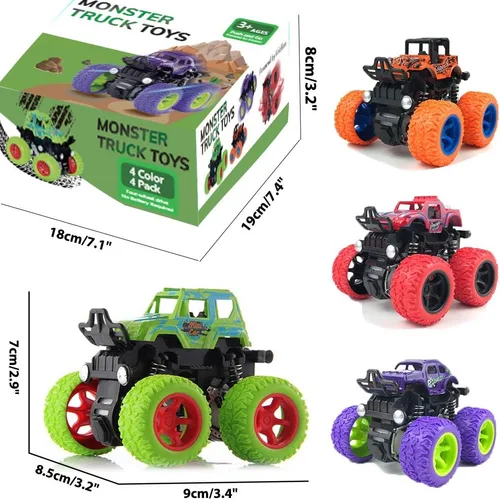 Vista 8 de Monster Trucks para niños, paquete de 4 vehículos de tracción para niños pequeños, rotación de 360°, 4 ruedas, autos de fricción duraderos, juguetes