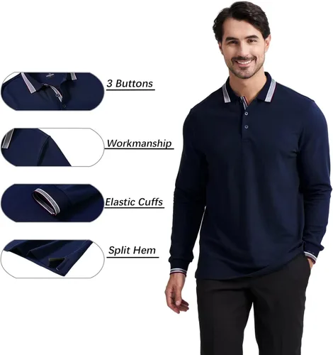 Vista 4 de Polo de piqué para hombre, manga larga, con punta de mezcla de algodón, casual, con cuello, ajuste clásico