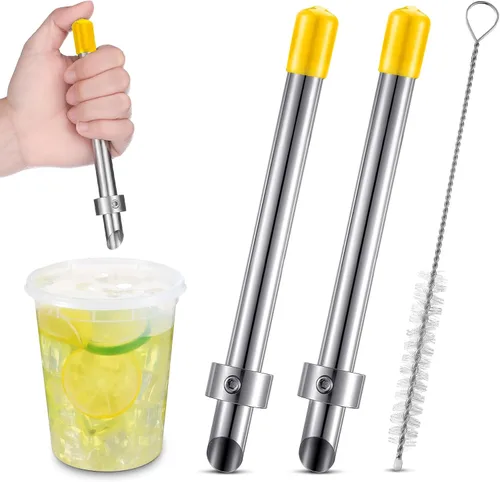 Vista 9 de Lasnten Paquete de 2 perforadores de paja para tapas de plástico, vasos de limonada, herramientas de perforación de acero inoxidable para bebidas