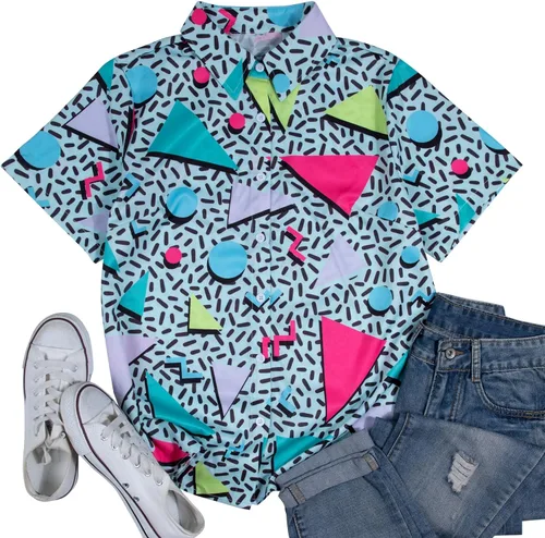 Vista 6 de Trajes de los años 80 y 90 para mujer, camisa de discoteca retro para fiesta temática de los años 80, camisa hawaiana de neón con botones y manga