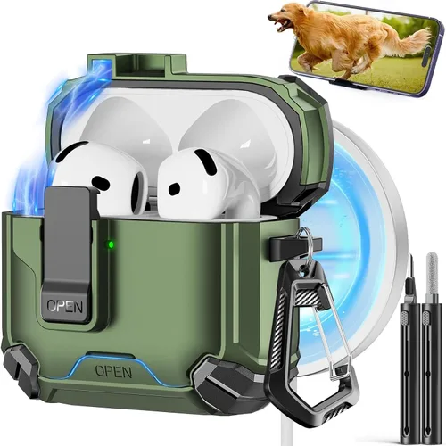 Vista 40 de Pohgelan - Funda compatible con AirPods Pro 2ª/1ª (verde) Cerradura magnética automática con kit de limpieza, compatible con Magsafe