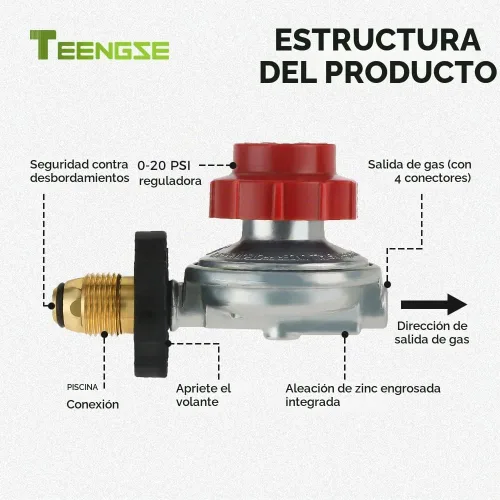 Vista 4 de Regulador de propano POL de alta presión ajustable de 0-20PSI con 4 TEENGSE Accesorios de latón 100% macizo para una conexión apretada, se adapta
