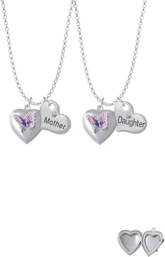 Vista 2 de Delight Jewelry Silvertone - Collares de corazón con medallón de mariposa para madre e hija (juego de 2), 19 + 2 pulgadas