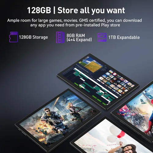 Vista 2 de Tablet Android de 10.1 pulgadas, 8 GB + 128 GB, 2 en 1 negro con kit de Octa-Core, expansión de 1 TB, cámara de 13 MP+8 MP, batería de 7000 mAh
