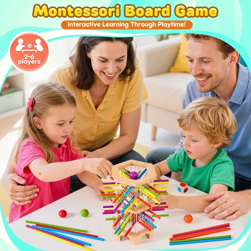 Vista 3 de Juego de mesa de madera Montessori, 42 dados de palos coloridos para niños de 3, 4, 5, 6 años, juguetes matemáticos educativos para habilidades