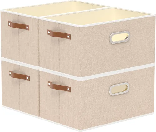 Vista 11 de Yawinhe Cestas de almacenamiento de tela, organizador plegable de armario para estantes, cajas grandes con 3 asas, contenedores de lona para ropa
