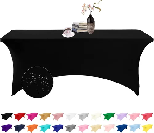 Vista 8 de Paquete de 2 fundas de mesa de elastano impermeables para mesas rectangulares, 6 pies, negras, elásticas, resistentes a manchas, para todas