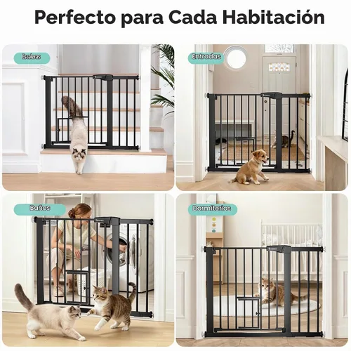 Vista 6 de COMOMY Puerta de bebé con cierre automático con puerta para gatos, puerta extra ancha para perros de 29.5 a 40.5 pulgadas para puertas de casa, Negro